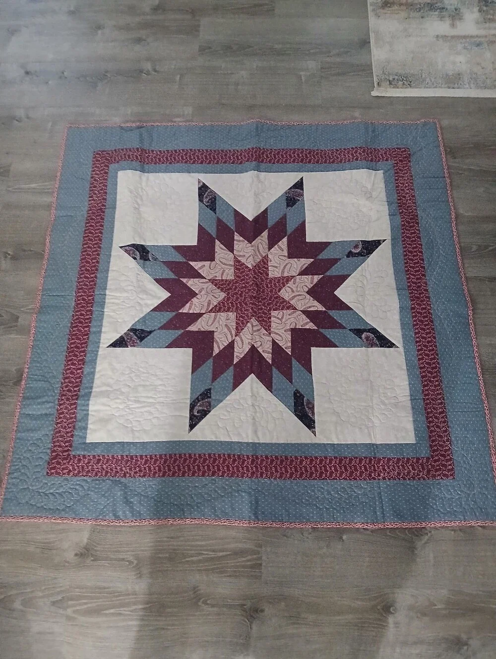 Handcrafted Star Quilt in Blue, Purple, Cream - Unbranded